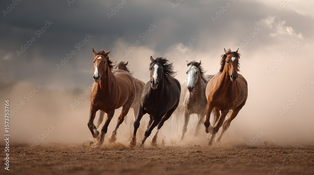 Fototapeta premium Herd of horses galloping across dusty ground under stormy sky running motion