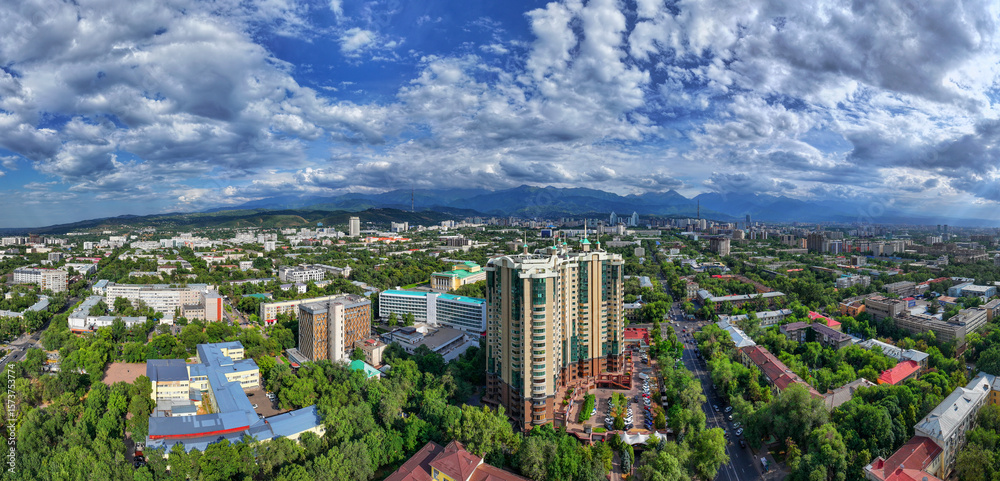 Obraz premium View from a quadcopter to the Central part of the Kazakh city of Almaty on a summer evening