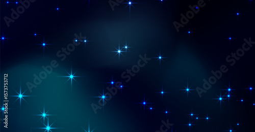 Teal and navy background showcases a celestial scene with various sizes of bright, star-like lights emanating a soft glow against blurred, cloudy textures that evoke a dreamy atmosphere