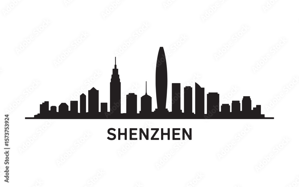 Fototapeta premium Shenzhen Skyline Silhouette A Modern Metropolis Urban Landscape with Iconic Architecture and a Striking Design Against a White Background