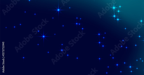 An abstract image presents a dynamic composition with gleaming blue starbursts scattered across a gradient background that shifts from deep navy to teal.