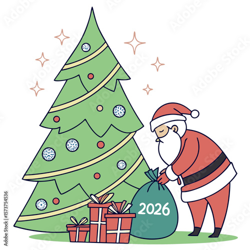 Santa Claus with a bag of gifts next to Snow Maiden, a green New Year tree decorated according to all the 2026 trends and in Russian it says "Happy New Year!"