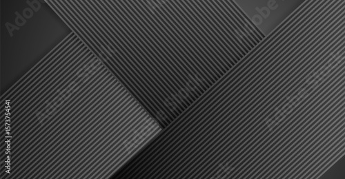 The image displays a modern, monochromatic abstract composition with layered geometric shapes, creating a textured visual in varying shades of black and gray with dynamic linear patterns