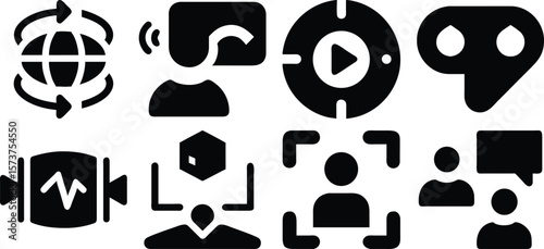Vector art of collection of modern technology icons representing global connectivity, virtual reality, video playback, and communication isolated on transparent background.