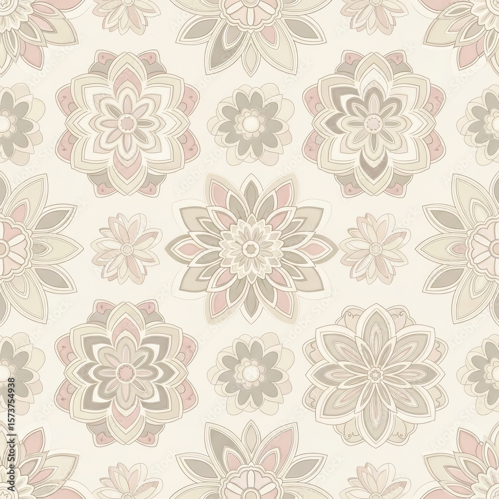 Fototapeta premium Elegant Beige and Pink Seamless Floral Mandala Pattern: Vintage Retro Wallpaper Design