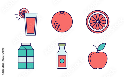 Collection of flat vector icons related to healthy drinks and fruits. Includes illustrations of citrus juice in glass, sliced fruit, full fruit, milk carton, juice bottle, and apple. Perfect for food 