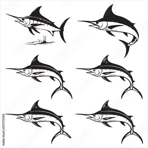 Collection of stylized black and white marlin fish illustrations in various poses and perspectives