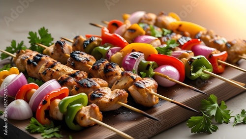 Grilled chicken kebabs with bell peppers and onions on skewer
