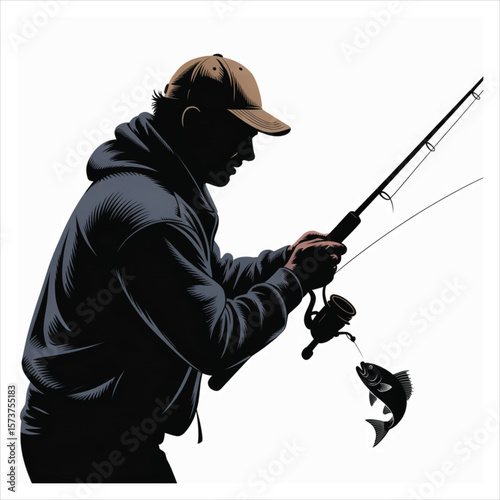 Fisherman wearing a cap reels in a fish caught on his line