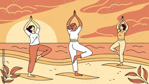 Yoga retreat at sunset beach: women practicing tree pose for wellness and mindfulness exercise class
