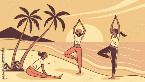Women doing yoga poses on beach at sunset wellness retreat tropical vacation exercise fitness healthy lifestyle