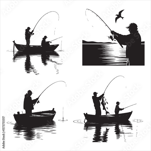 Silhouettes of fishermen in boats on the water with reflections and a bird flying