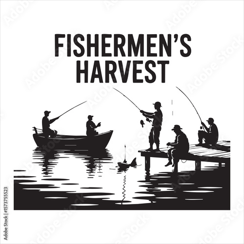 Silhouette of fishermen on a boat and pier enjoying a day of angling and catching fish