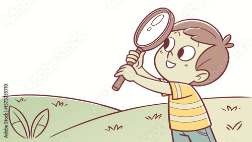 Cartoon boy explorer with magnifying glass in nature scene for kids learning and discovery illustration