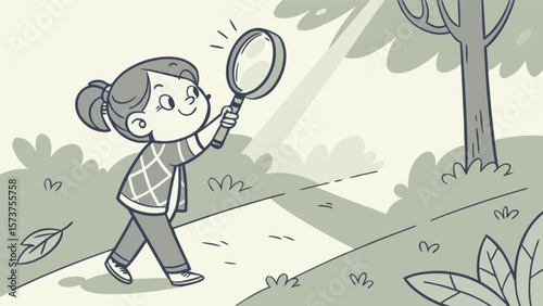Girl exploring nature with magnifying glass cartoon illustration vector art for kids science education learning