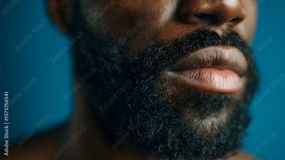 Obraz premium Closeup portrait of a black man s beard lips and skin against a blue background highlighting a morning skincare or grooming routine with a contemporary cinematic lighting setup