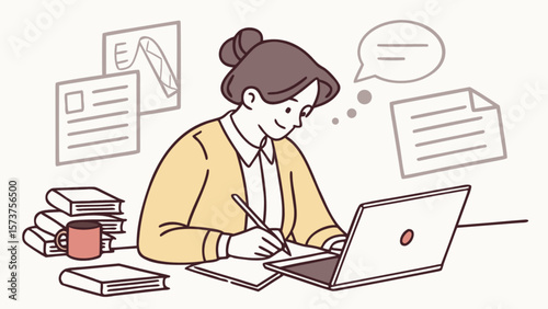 Woman working from home on laptop writing notes studying online e learning education and business concept