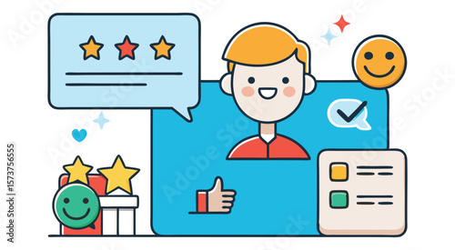 Happy customer feedback with stars and thumbs up rating