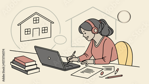 Illustration of woman working from home with laptop headphones and house dream for remote work concept
