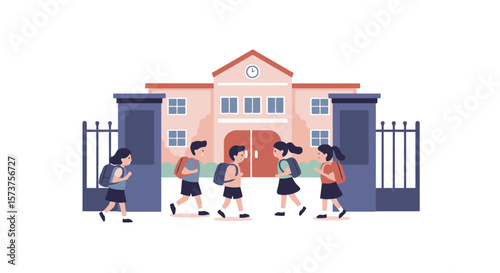 Children Arriving at School Illustration