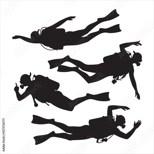 Four silhouettes of divers in different poses underwater against a white background