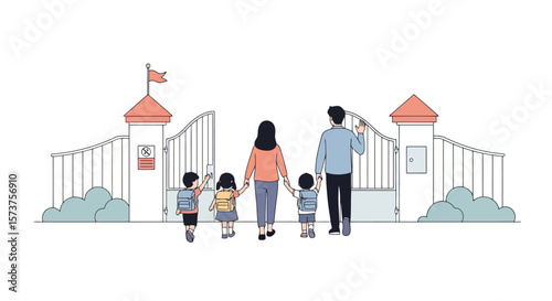 Family's First Day: Children Entering School Gates Illustration