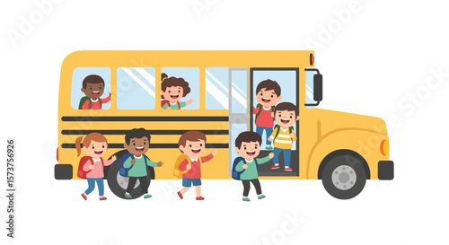 Cheerful Children Boarding a Yellow School Bus Illustration