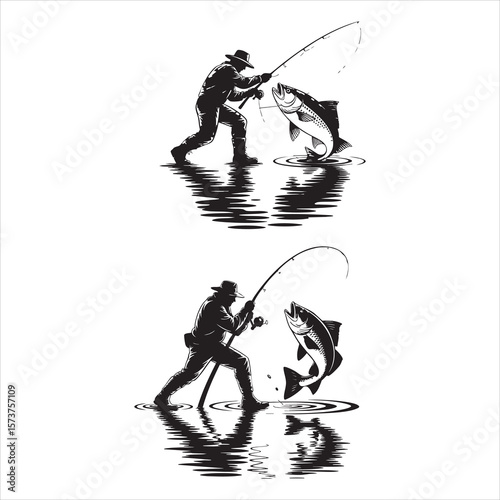Silhouette of a fisherman reeling in a jumping fish with water reflections in black and white
