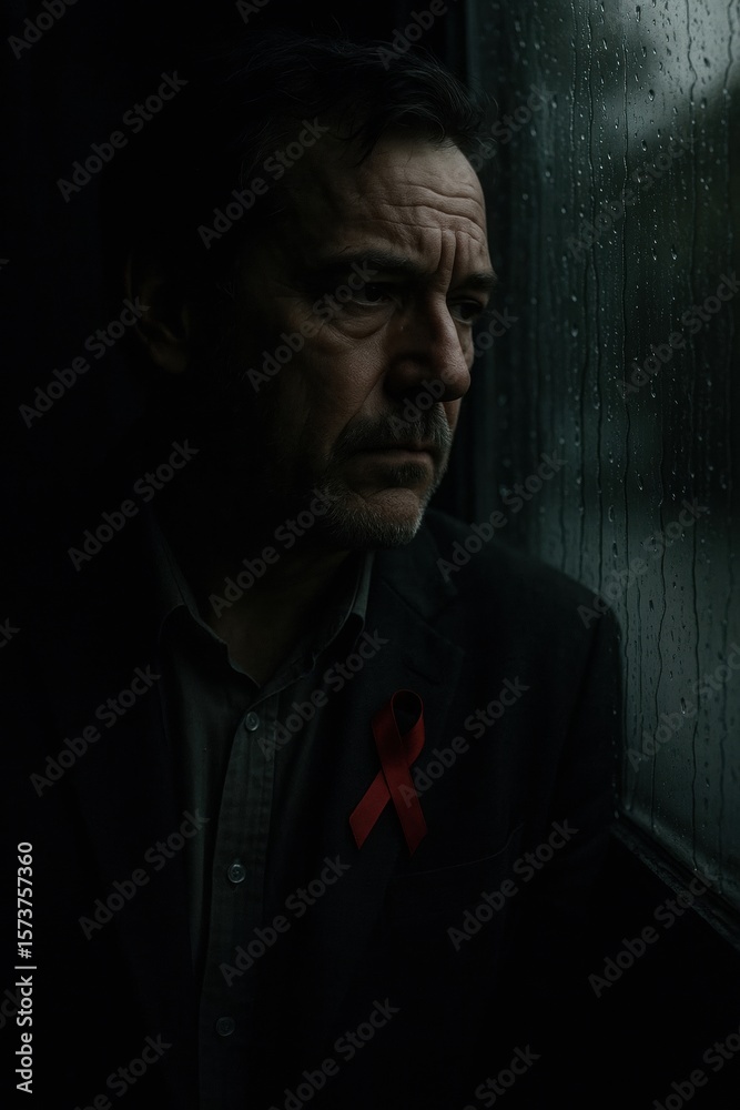 Fototapeta premium A contemplative man in a dark setting, wearing a red ribbon, gazes out a rain-streaked window, evoking emotions of awareness and introspection.