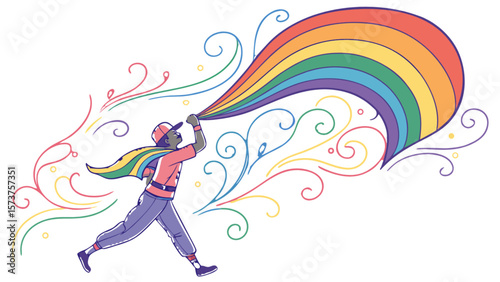 Illustration of pride baseball player spraying rainbow colors with cape and swirls design art vector