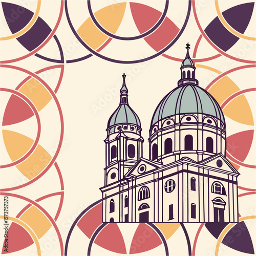 Ornate building with domes and geometric pattern background