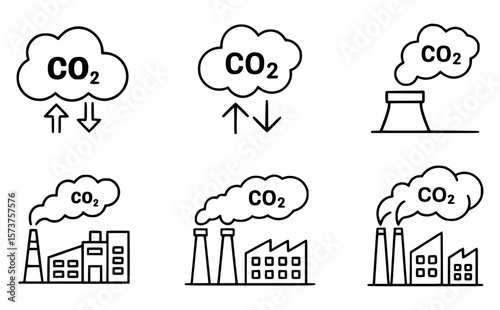 Carbon dioxide emission icons illustrating pollution and climate change effects