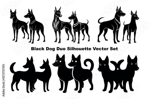 Silhouette shows a collection of black dog duos and trios in various poses on white