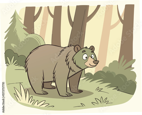 Cartoon bear standing in forest with trees and greenery  