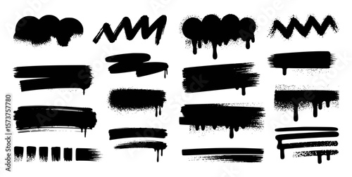 Collection of black grunge brush strokes paint splatters and drips on white background