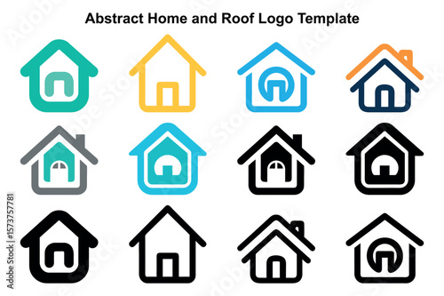 Twelve colorful modern house icons show diverse minimal shapes on a clean white background