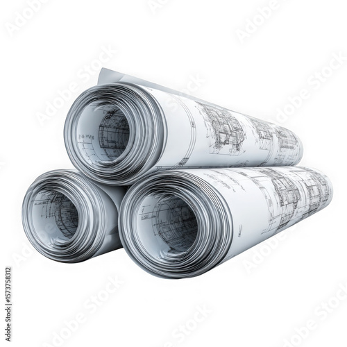Stack of rolled architectural blueprints isolated on transparent background