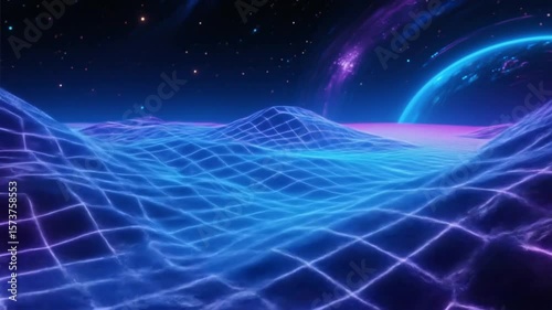 Geometric background featuring glowing grid terrain beneath a cosmic sky, suitable for vaporwave themes, tech visuals, or ambient sci-fi backgrounds in digital creative use.
