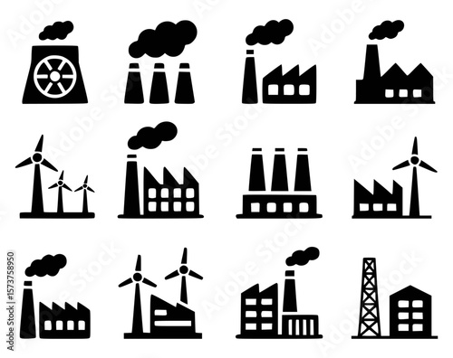 Industrial icons set depicting factories power plants and wind turbines
