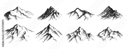 Hand drawn sketches of various mountain peaks on a clean white background.