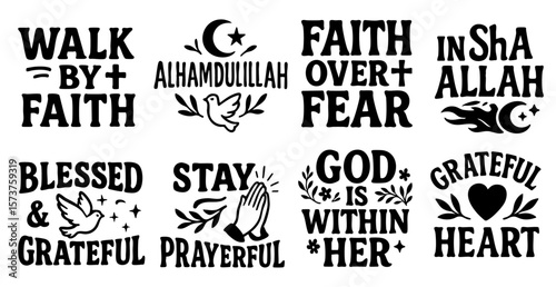 Faith and Inspirational Quotes Clipart — Walk by Faith, Alhamdulillah, Faith Over Fear, Insha Allah, Blessed, Grateful, Prayerful Religious Typography