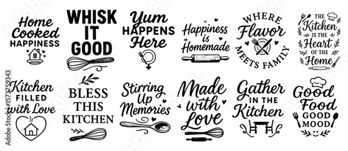 Kitchen Quote Bundle Clipart — Home Cooked Happiness, Whisk It Good, Yum Happens Here, Made with Love, Kitchen Blessings, Family and Food Sayings