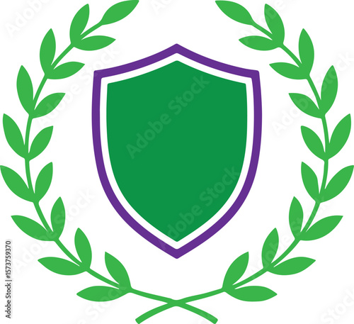 Green shield with purple border surrounded by a laurel wreath symbolizing achievement victory and recognition isolated on transparent background