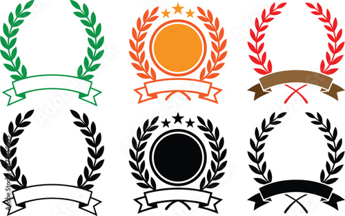 Collection of laurel wreath award emblems with ribbons and stars in various colors isolated on transparent background
