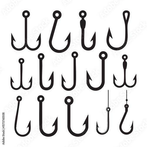 Collection of various black fishing hooks and anchors isolated on a white background