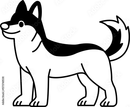 black and white isolate illustration icon of a Siberian Husky
