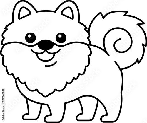 black and white isolate illustration of a Pomeranian dog
