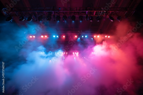 Stage lighting equipment with red and blue colored smoke creating a dramatic atmosphere for a performance