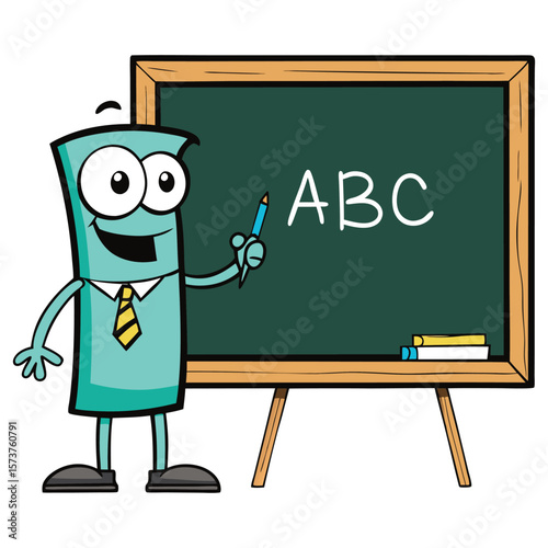 Cartoon character teaching A B Cs on a blackboard education