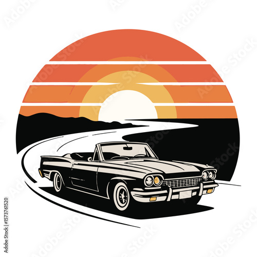 Classic black convertible cruising at sunset with bold vintage vibes. Vector illustration design